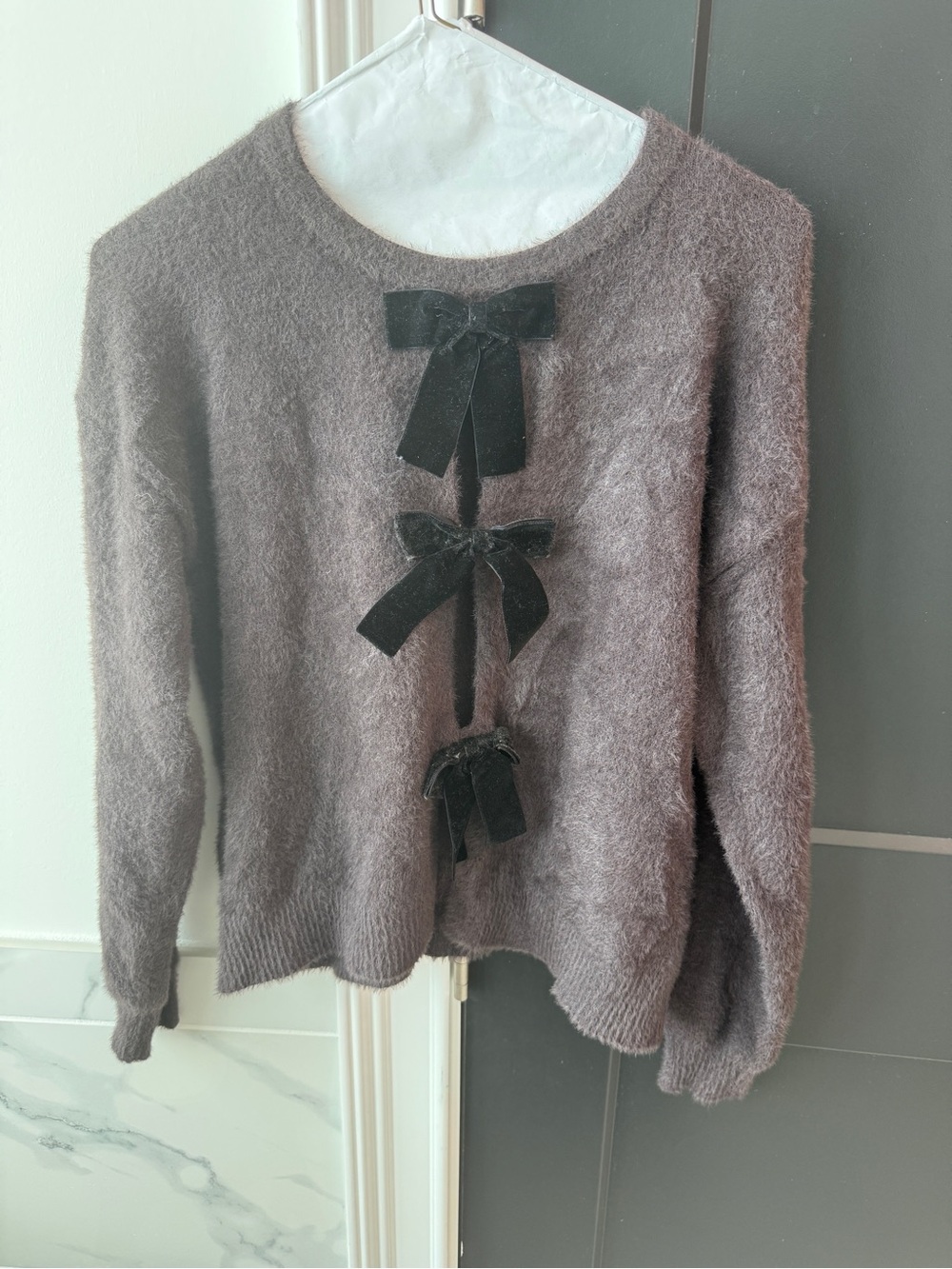 Rachel Zoe Fuzzy Gray Crewneck Sweater with Black Velvet Bows